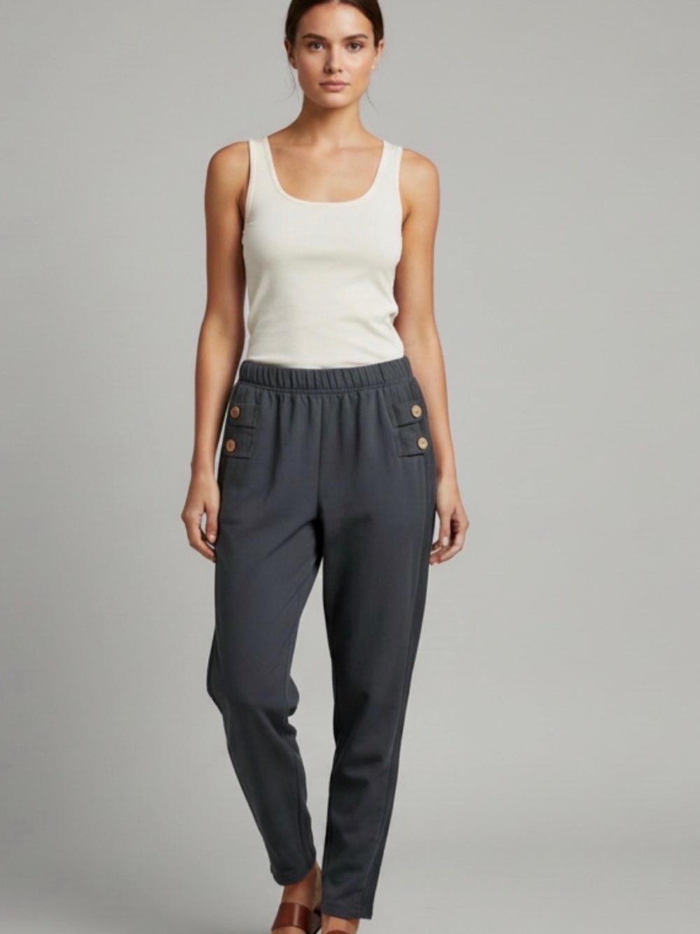 Made in Italy 100% cotton Women's Dark Gray Elastic-Waist Tapered Pants